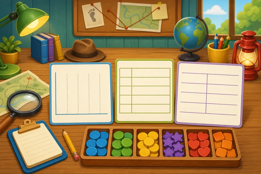A detective desk with three blank chart cards and sorting counters