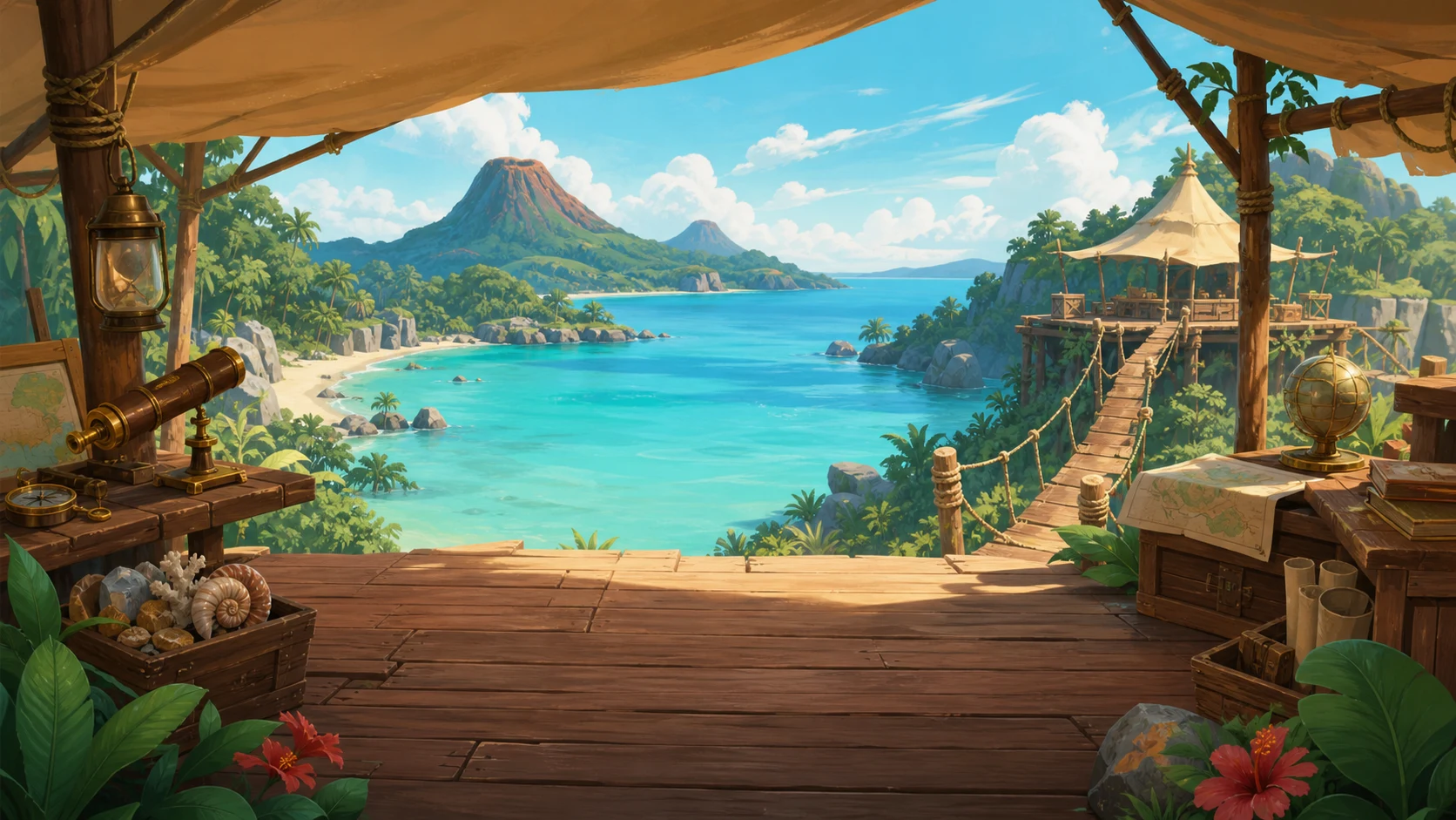 A sunlit island mathematics field station overlooking a turquoise lagoon