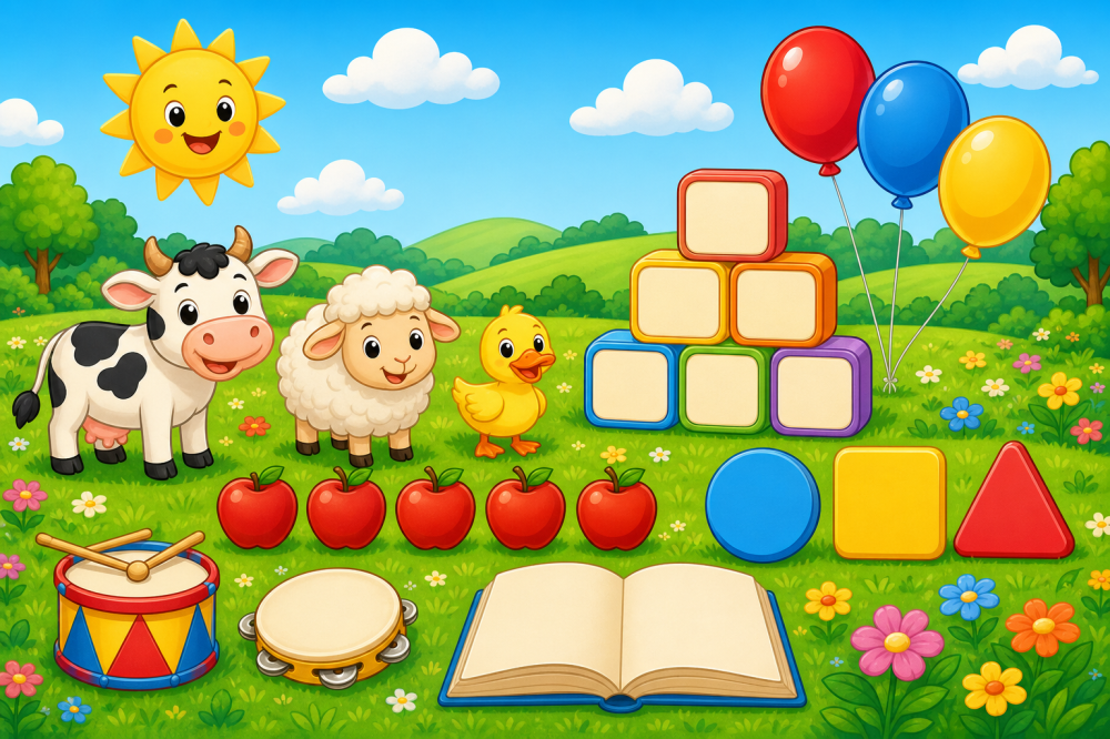 Adam's Animal Meadow with a smiling sun, a cow, a sheep and a duck, alphabet blocks, apples for counting, balloons, soft shapes, a toy drum, and an open picture book