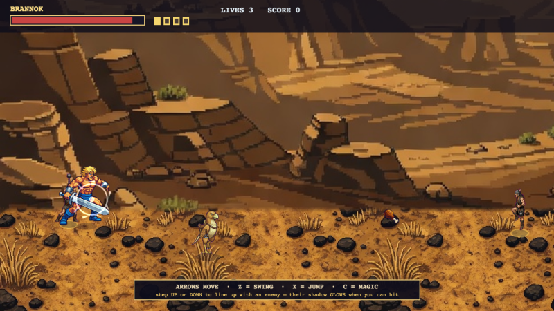 Axe Legends hero swinging a sword at a marauder in a pixel-art badlands canyon