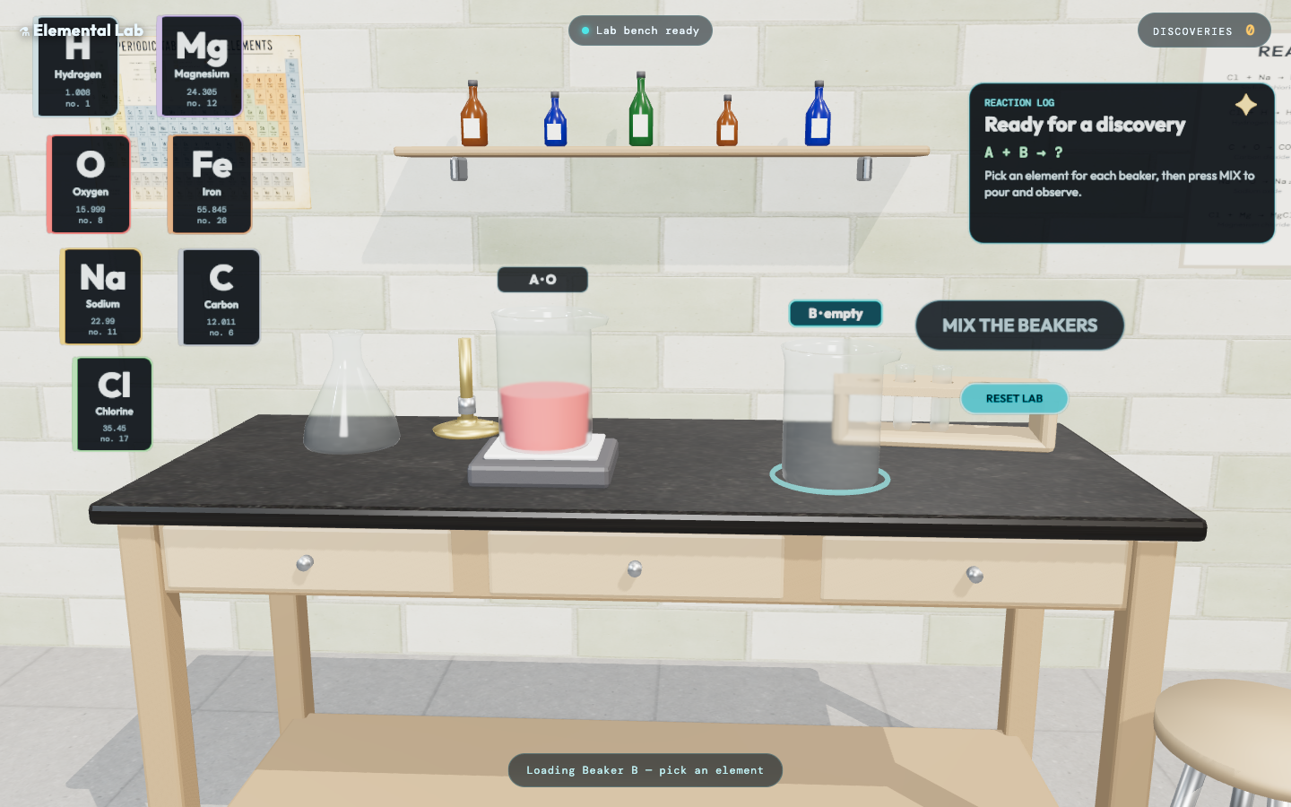 Elemental Lab 3D chemistry bench with element cards, glass beakers, a burner, and a reaction log poster
