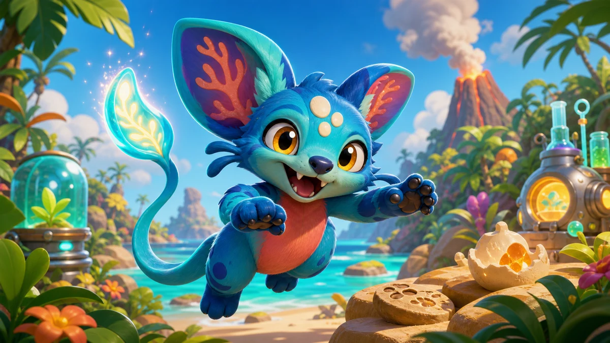 Playful blue alien animal leaping through a tropical science island