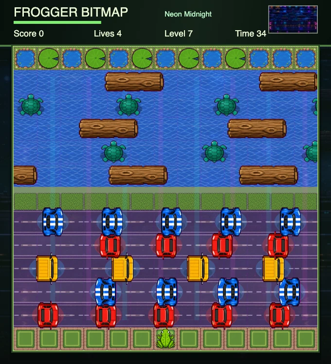 Frogger Bitmap Clone frog crossing roads and rivers with cars, logs, and turtles