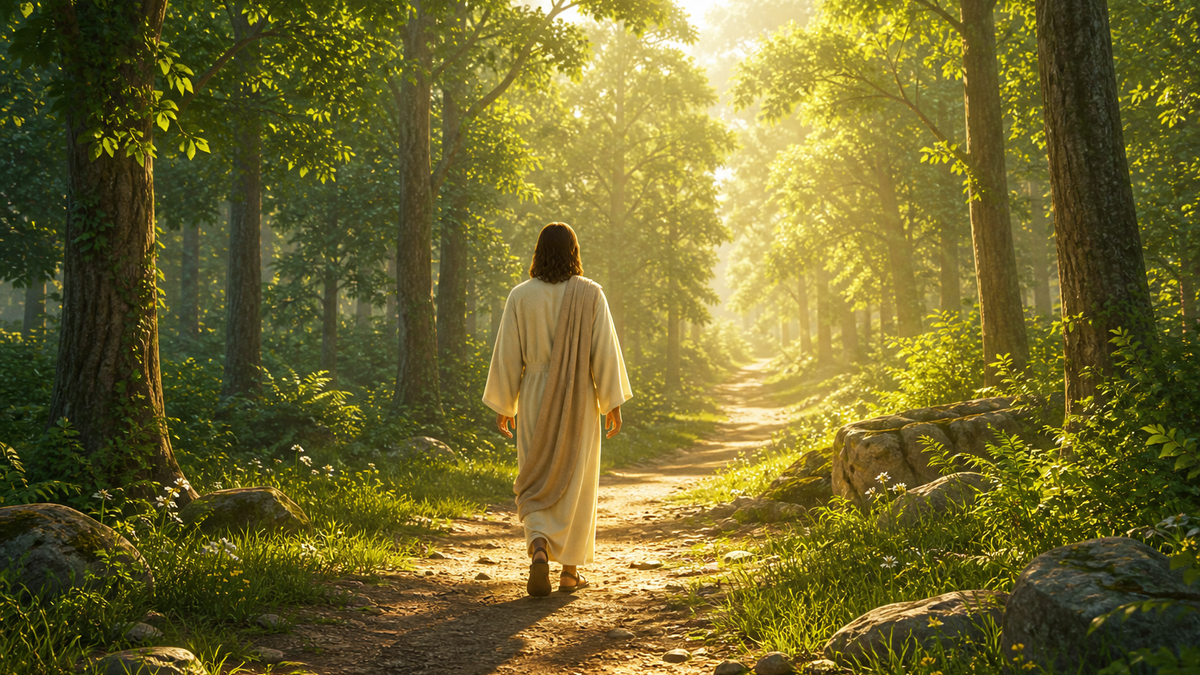 Jesus Forest Walk Jesus walking a sunlit forest path