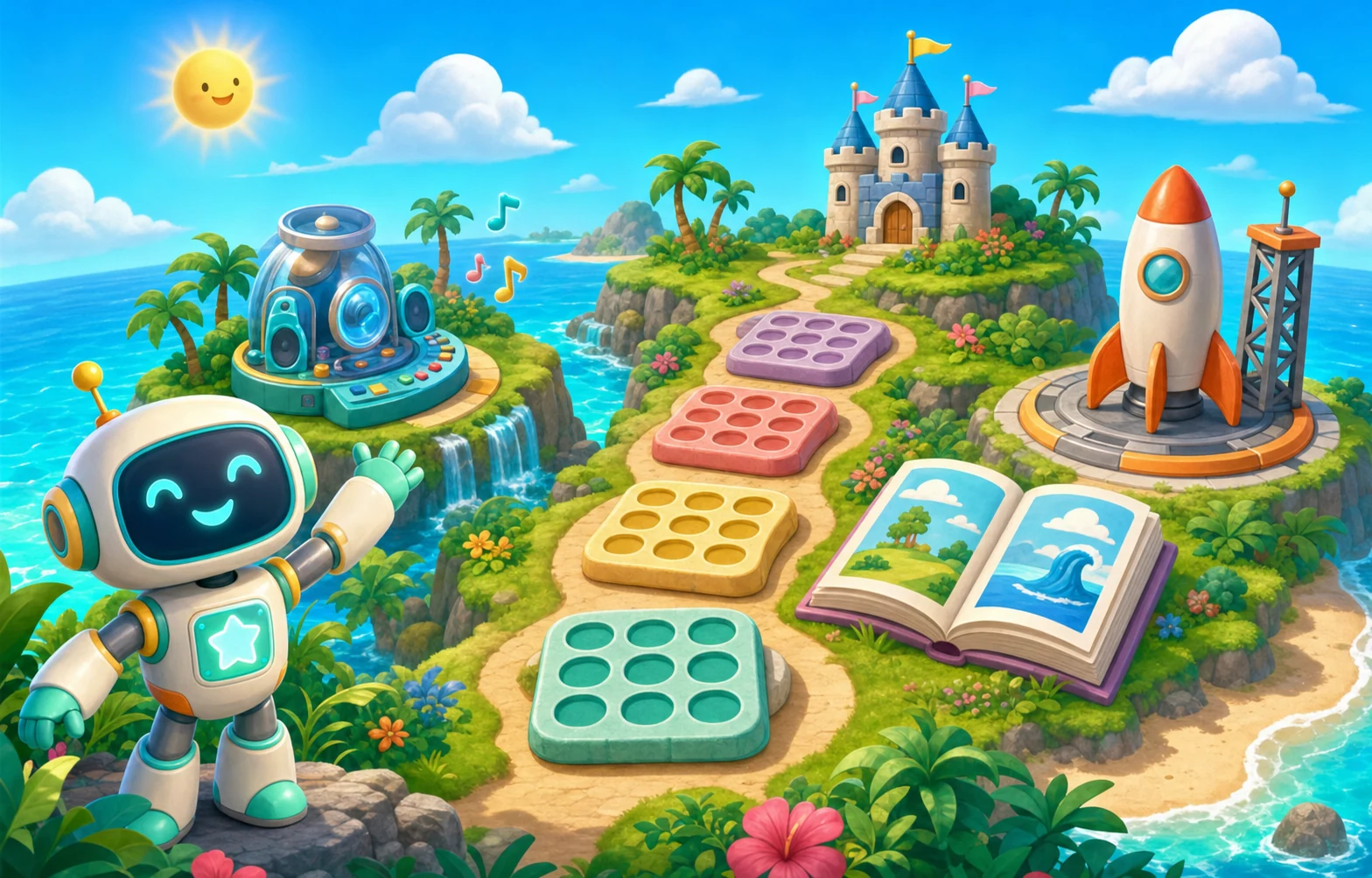 Noah's Summer Quests island with a robot guide, sound lab, ten-frame path, book, castle, and rocket