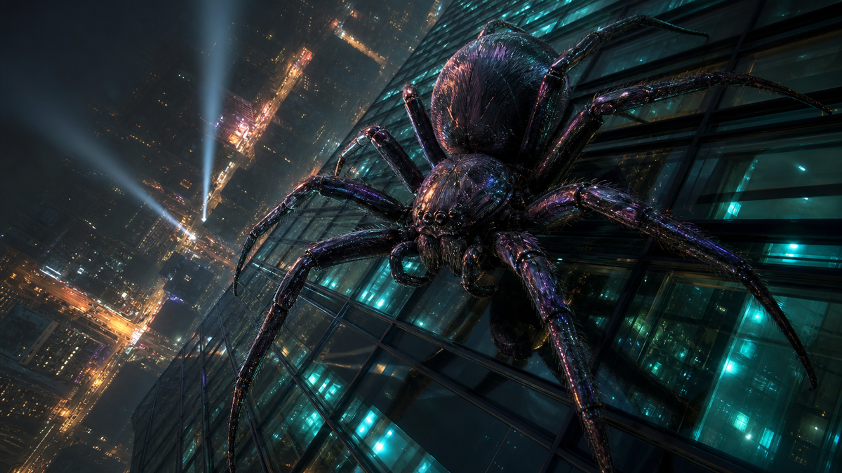 Spider Scan Survival giant spider climbing a neon-lit skyscraper at night