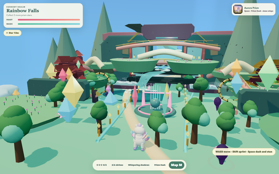 Baby unicorn hero at Rainbow Falls with waterfalls, bridges, and floating gardens