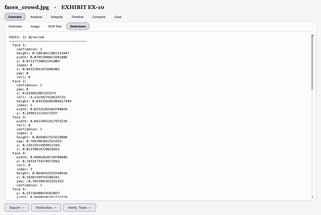 On-device analysis output listing detected faces with confidence scores