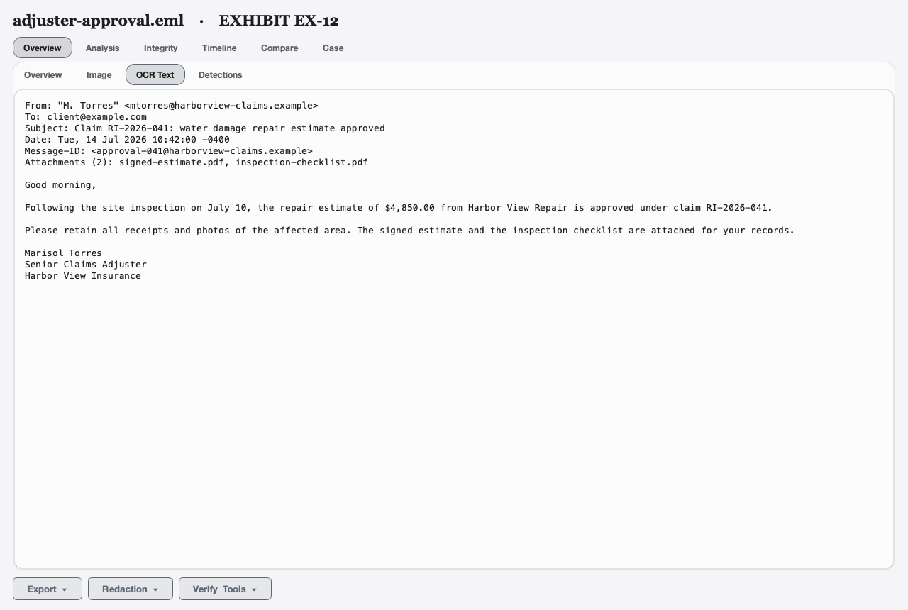 Email evidence with extracted headers, body, and attachment inventory