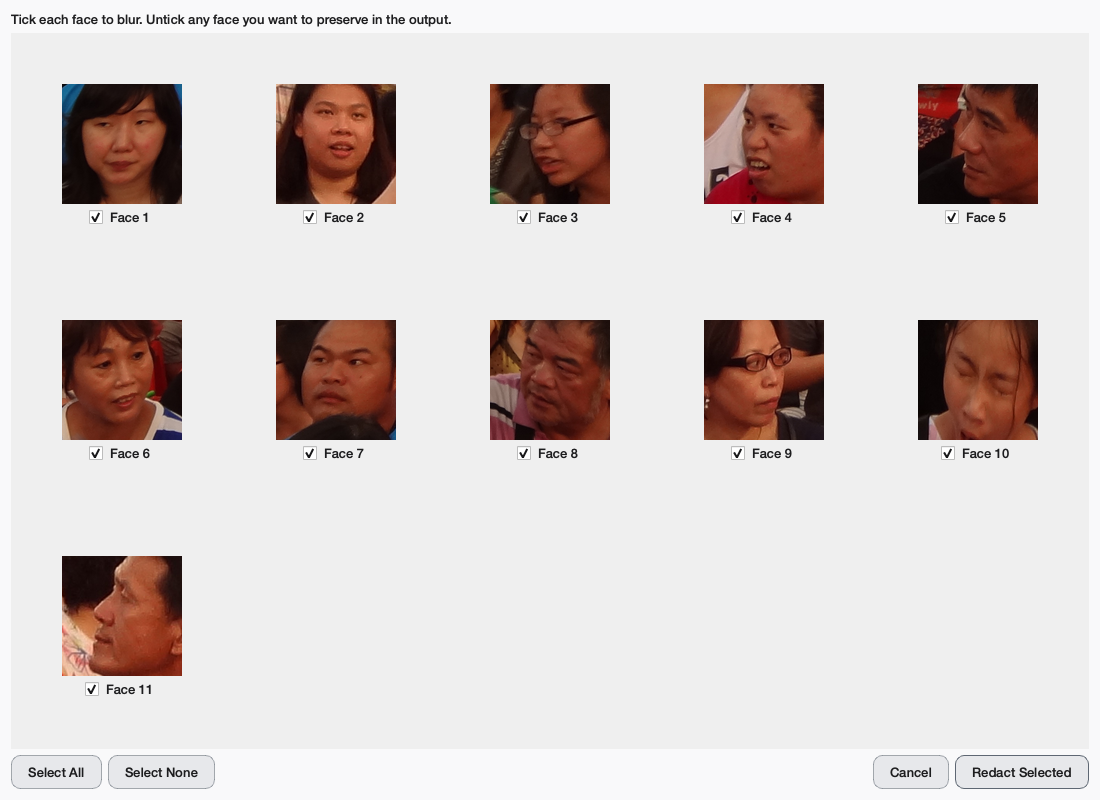 On-device facial detection across a crowd photo, each face selectable for redaction