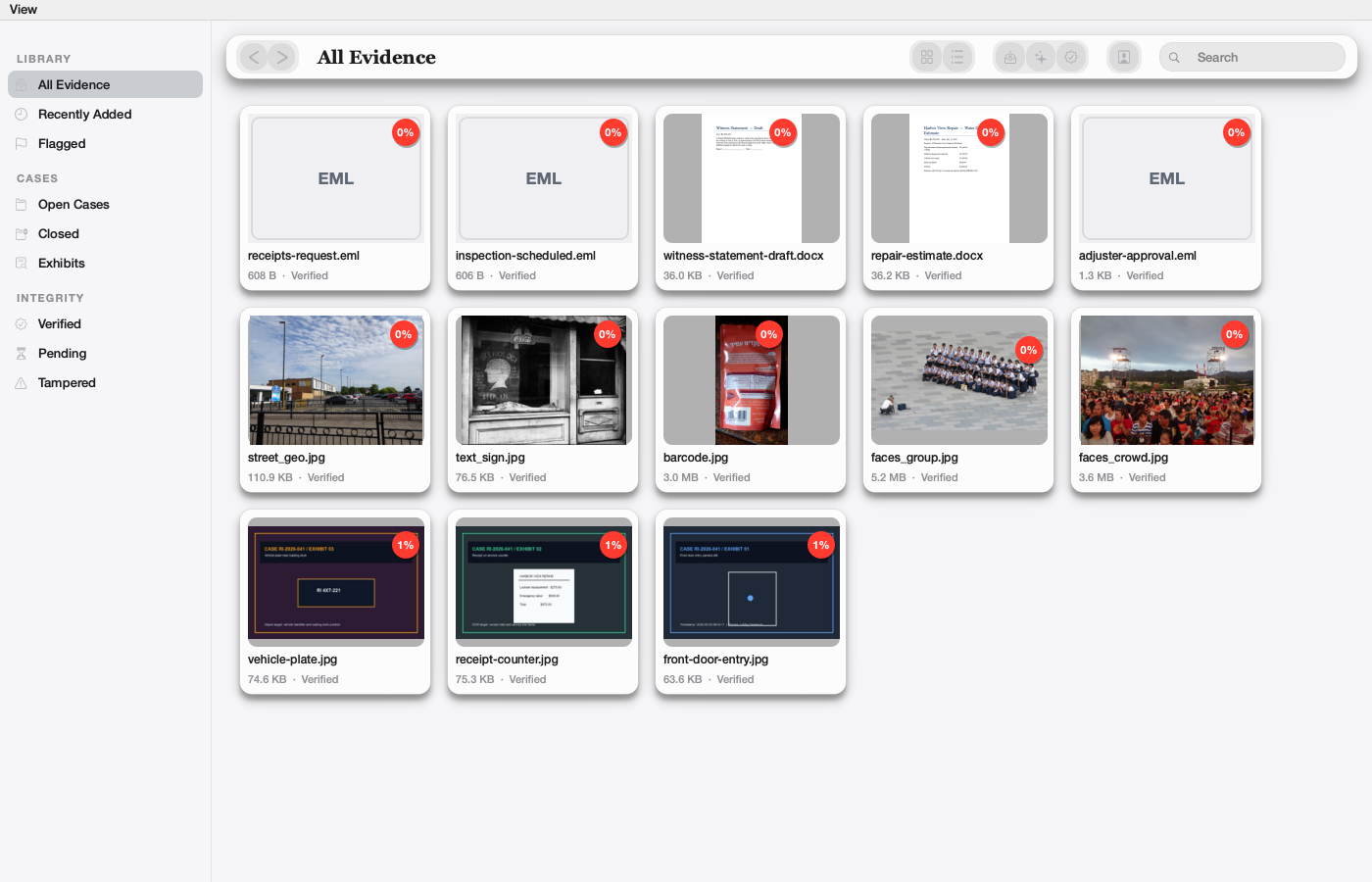Evidence AI library in white Liquid Glass: photo, email, and document exhibits, each hashed and verified