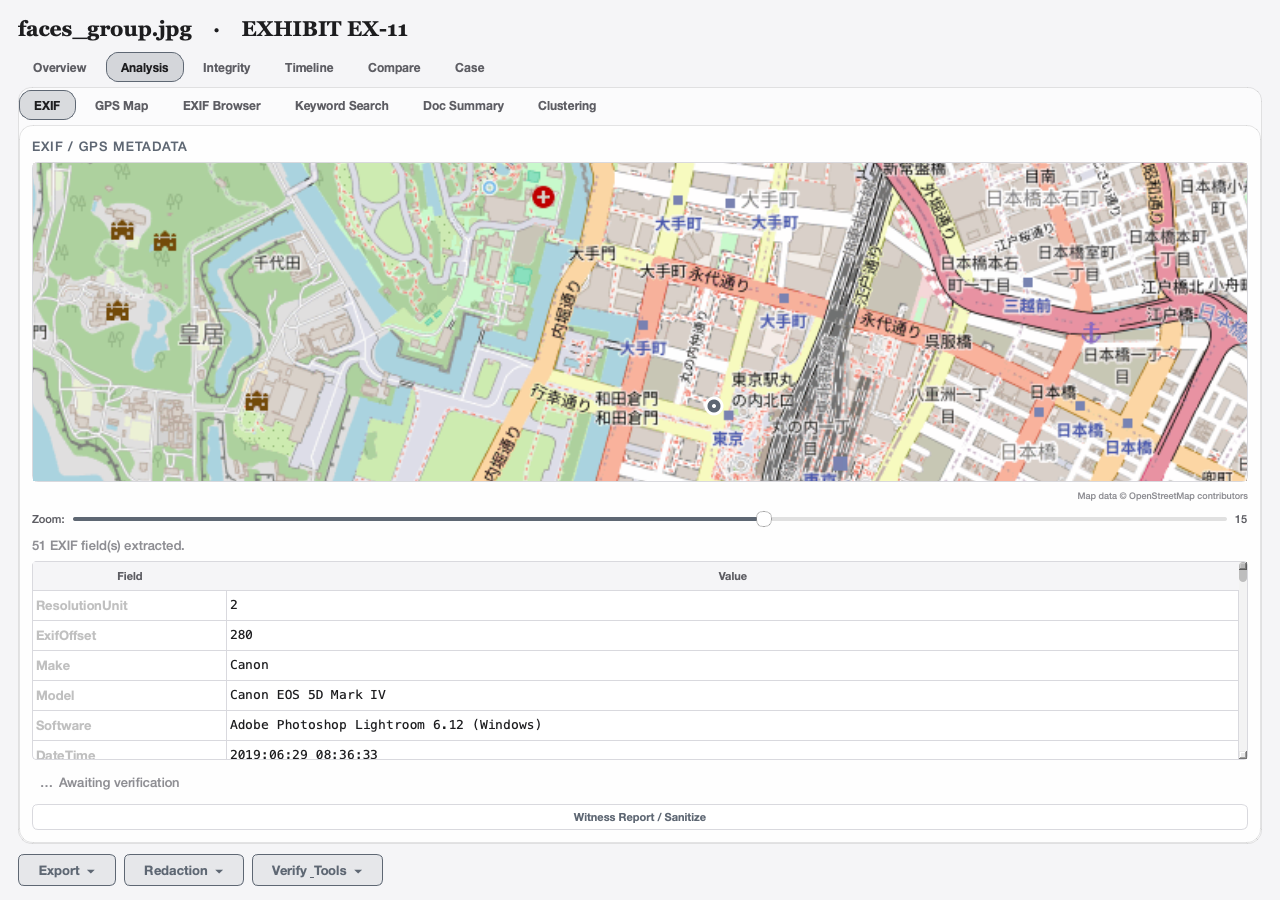 EXIF metadata table with capture location pinned on a street map