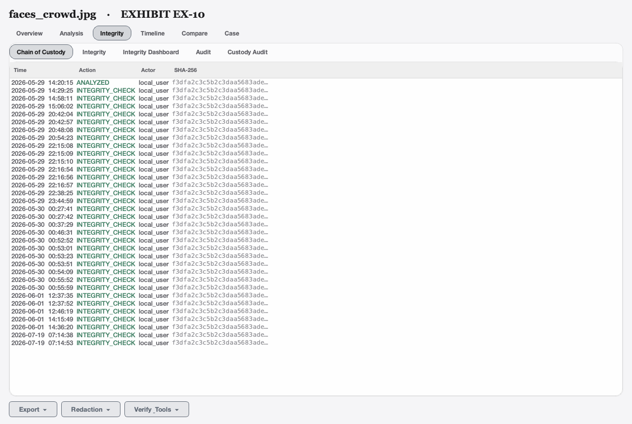 Append-only chain-of-custody log with hashes for every event