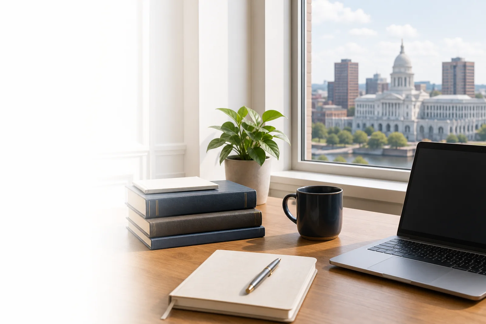 Bright Rhode Island law office workspace overlooking Providence