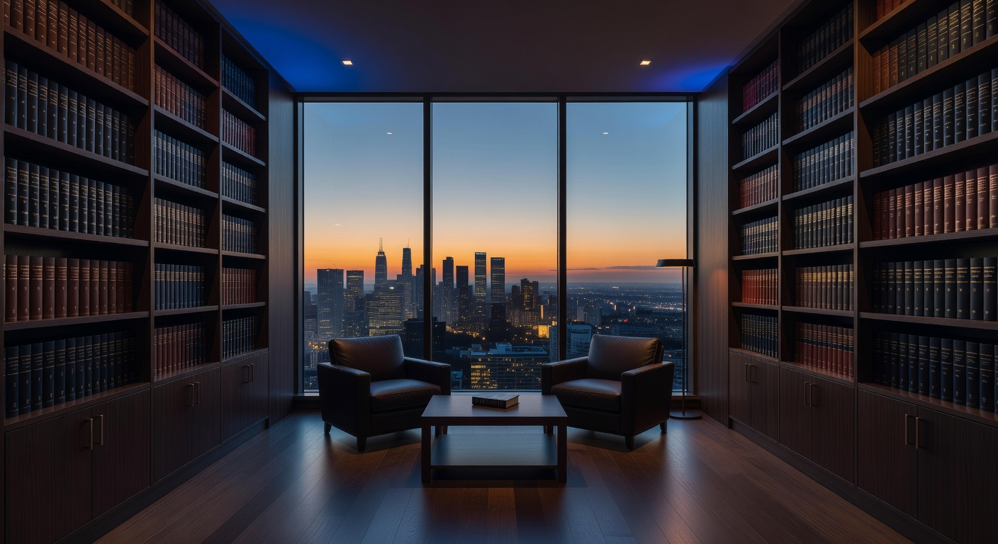 Luxury law firm library at dusk