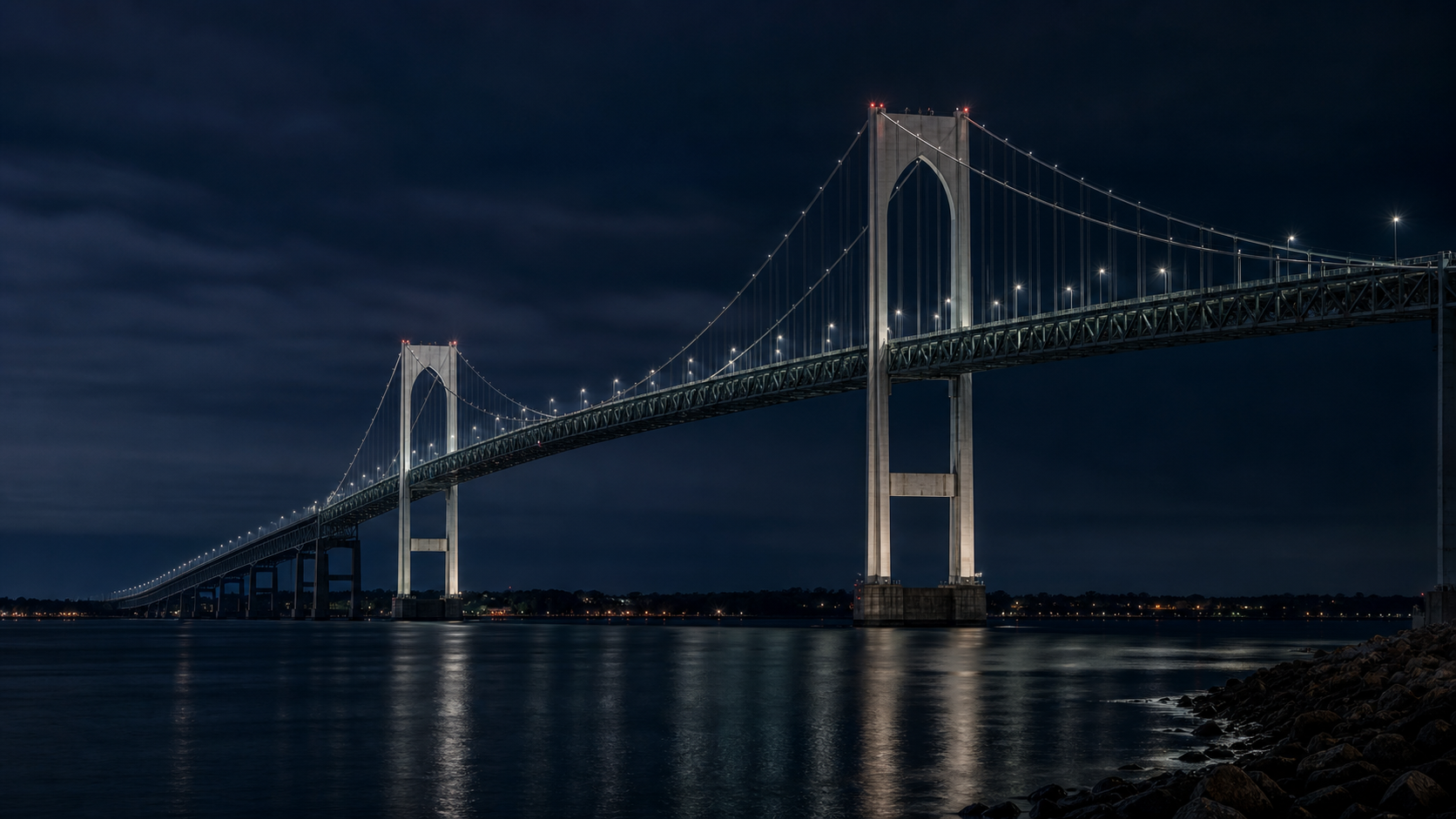 Claiborne Pell Newport Bridge at night over Narragansett Bay, Rhode Island