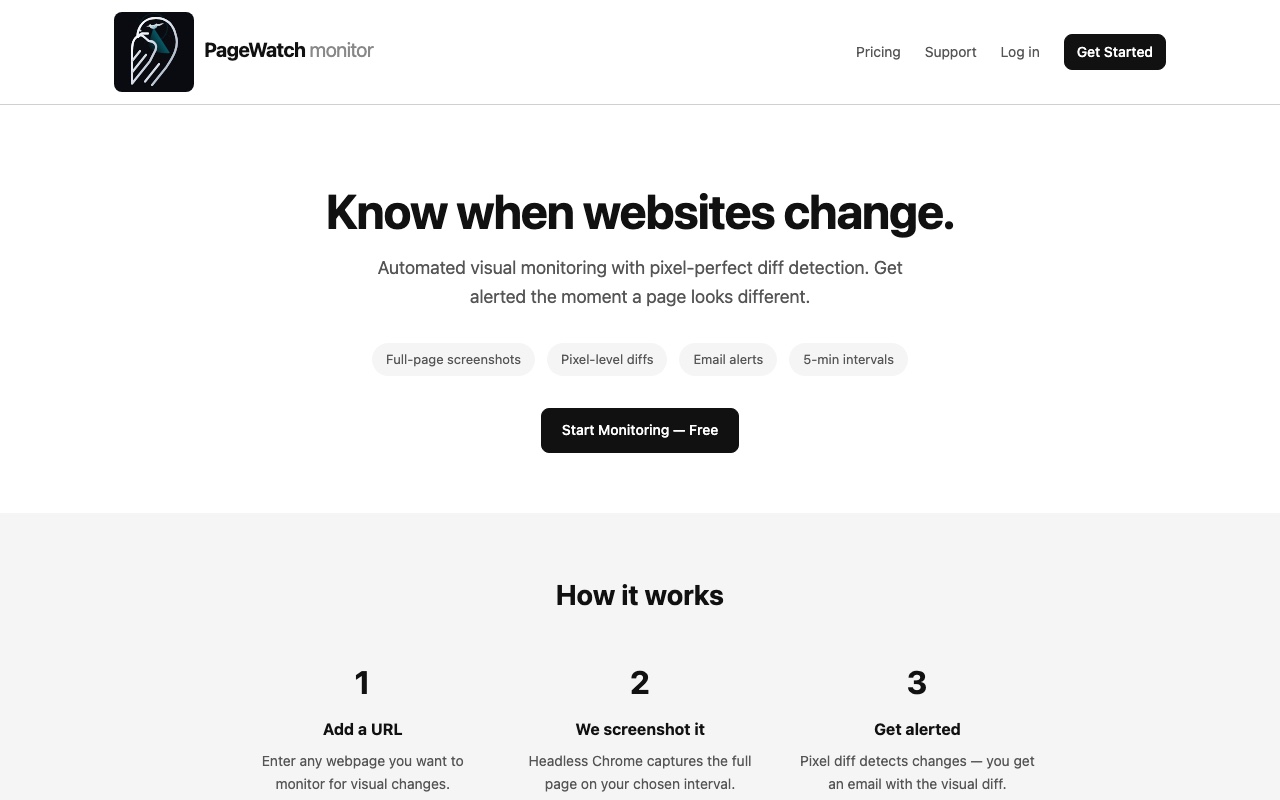 PageWatch homepage — Know when websites change