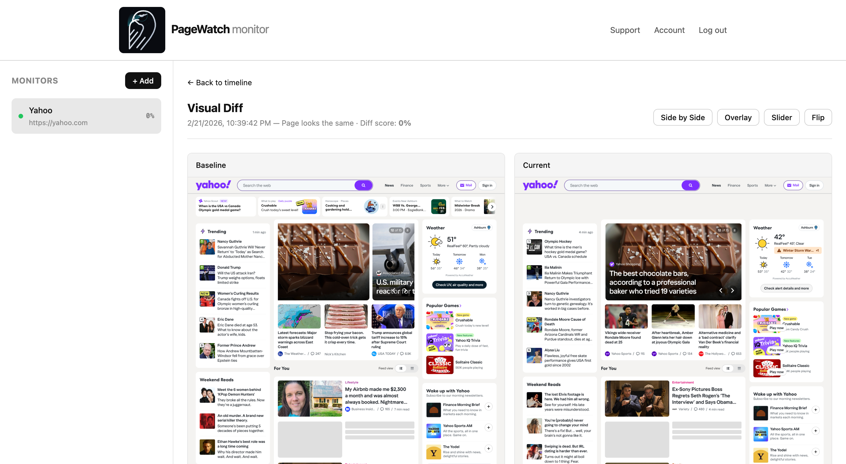 PageWatch visual diff tool showing side-by-side comparison of baseline and current website screenshots with change detection for Yahoo.com homepage