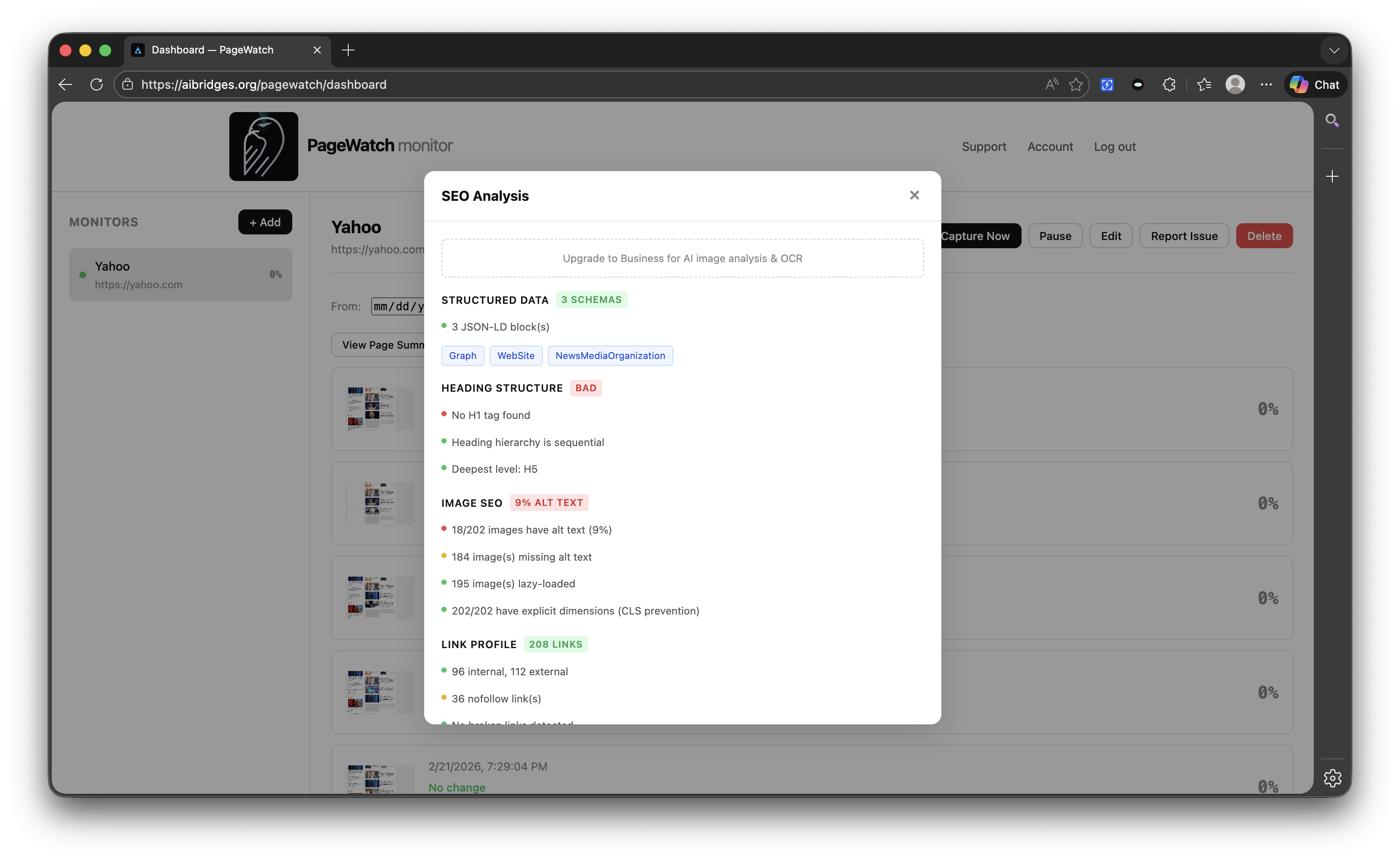 PageWatch SEO analysis tool showing structured data schemas, heading structure validation, image alt text coverage, and link profile analysis