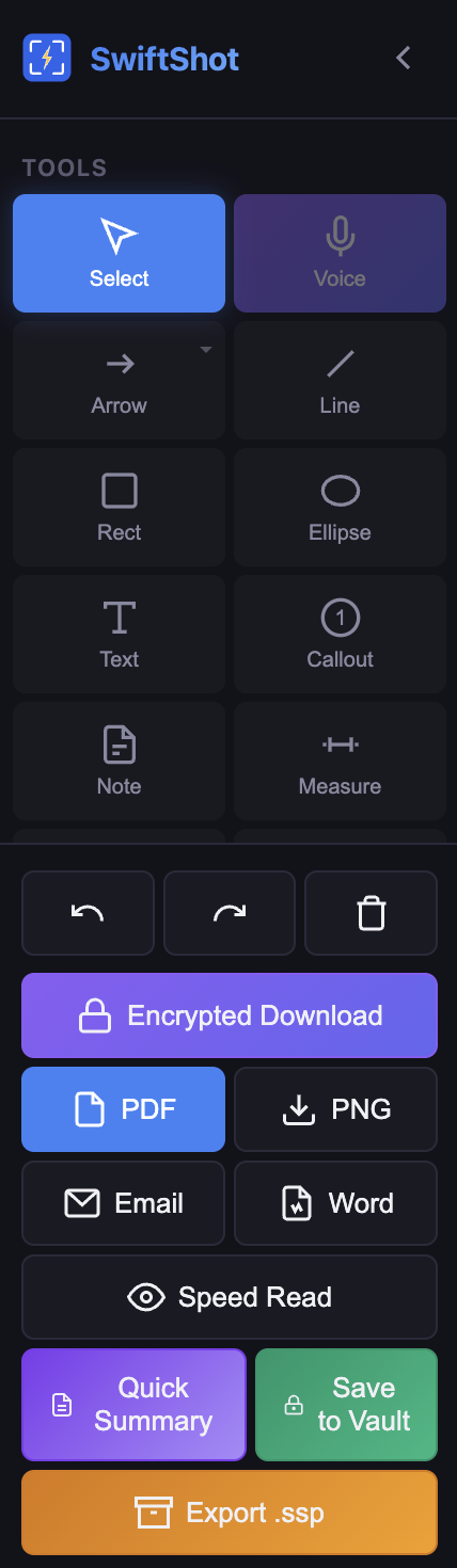 SwiftShot extension panel showing tools, export options, and vault